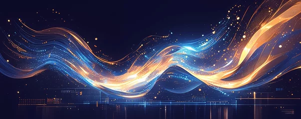 Foto op Aluminium A digital abstract background featuring waves of orange and blue, representing the flow of data in an AI system's central core.  © Photo And Art Panda