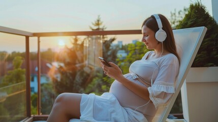 Portrait of Happy pregnant woman sitting on terrace at home and using smartphone for listening music.