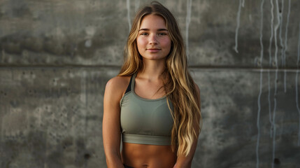 Portrait of a fit and confident young woman wearing a sports bra and leggings, standing against a concrete background.
