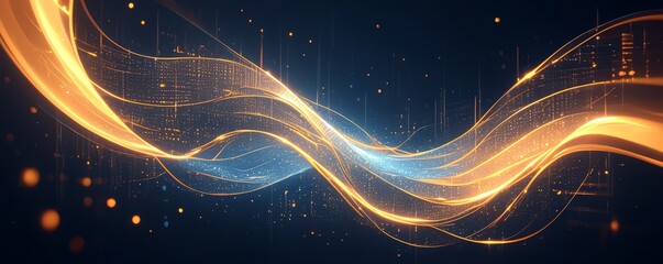 A digital abstract background featuring waves of orange and blue, representing the flow of data in an AI system's central core.  - obrazy, fototapety, plakaty