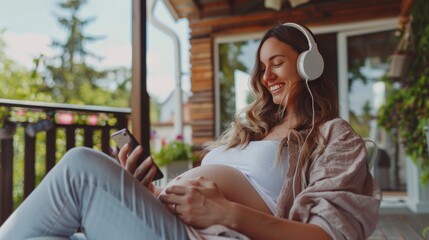Portrait of Happy pregnant woman sitting on terrace at home and using smartphone for listening...