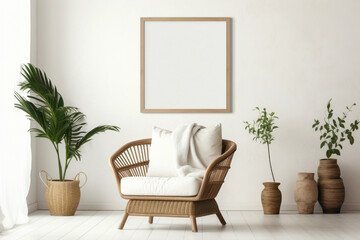 Immerse yourself in the bohemian allure of a modern living room featuring a wicker chair, floor vases, and a blank mockup poster frame against a pristine white backdrop.