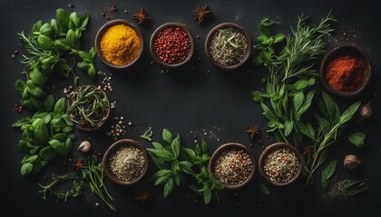 Obraz na płótnie Canvas Fresh herbs and spices on dark background, central text space.