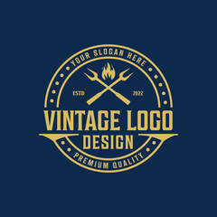 Vintage grilled western barbecue restaurant logo design retro BBQ illustration premium vector.