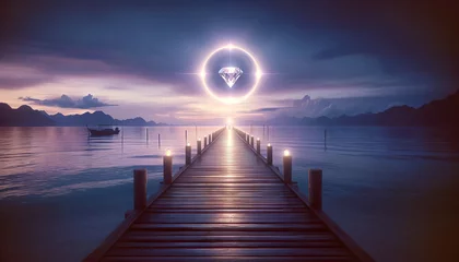 Foto op Plexiglas A wooden pier overlooking a calm sunset, a diamond-shaped structure floating above the horizon and shining with light, offers a serene view of the calm waters. AI generated. © Czintos Ödön
