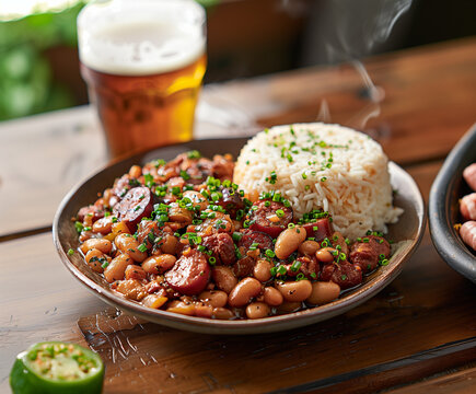 Um prato de feij&atilde;o tropeiro sobre a mesa de um bar acompanhado por arroz branco, lingui&ccedil;a e torresmo com um copo de cerveja muito gelado.