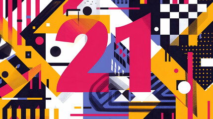 Artistic and bold geometric design celebrating a 21st birthday with a vibrant mix of colors and shapes.
