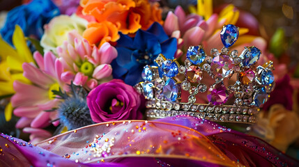 A sparkling tiara set amongst a vibrant array of birthday flowers, symbolizing the royalty of turning 21.
