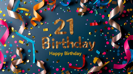 A dazzling 21st birthday backdrop with golden typography and festive streamers, inviting a spirited celebration.