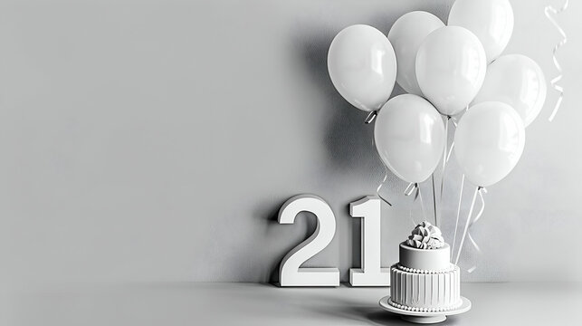 A chic and minimalist 21st birthday setup with white balloons and cake, creating an elegant, modern party atmosphere.
