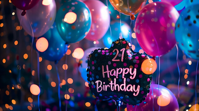 A lively and festive 21st birthday celebration scene filled with colorful balloons and sparkling lights creating a cheerful atmosphere.
