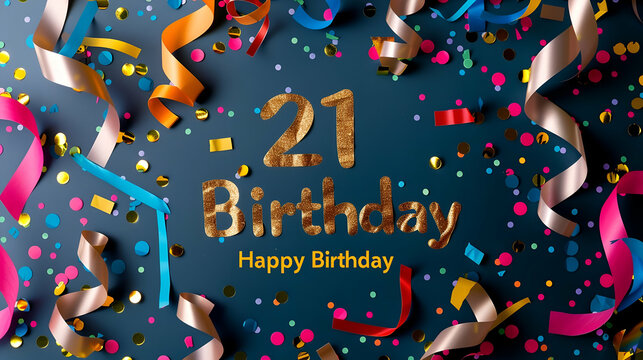A dazzling 21st birthday backdrop with golden typography and festive streamers, inviting a spirited celebration.
