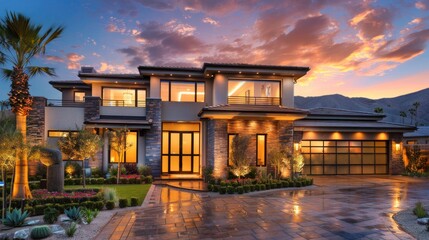 Obraz premium Beautiful luxury mansion style house on a beautiful sunset in high resolution and high quality. concept house,mansion