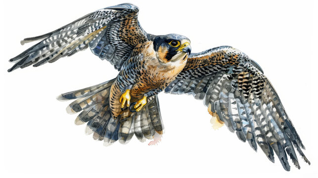 A majestic falcon soars, its wings spread wide against a soft watercolor sky, embodying freedom and grace.
