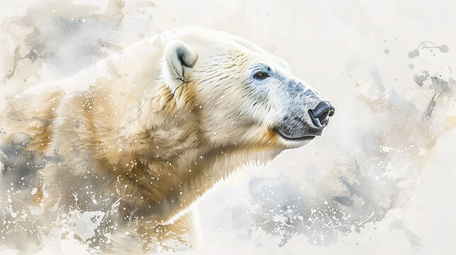 A serene watercolor painting capturing the majestic essence of a polar bear in its Arctic habitat.