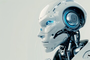 Close-up of a sophisticated robot's head with a human-like face and a blue illuminated eye, showcasing intricate artificial intelligence design