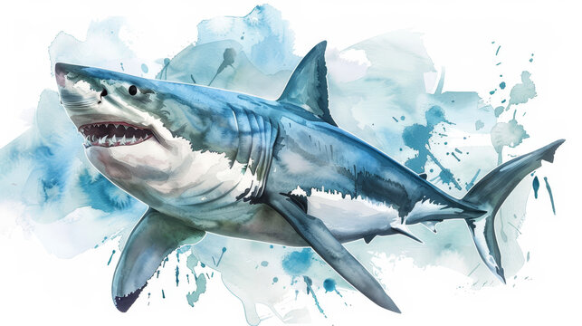A vivid painting depicting a great white shark, its formidable presence highlighted against a stark white background.