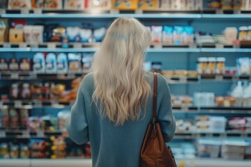 Fototapeta na wymiar Photo of a woman shopping in the grocery store. Generate AI image