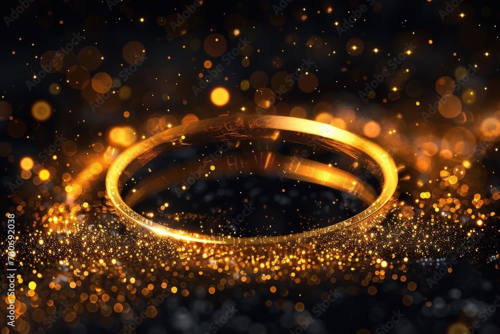 Poster abstract golden ring frame with glowing particle on a black background. generate ai image