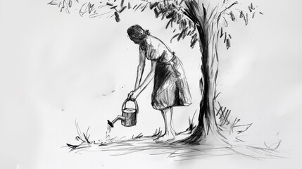 Mulher regando uma arvore - Ilustração esboço no fundo branco