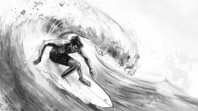 Homem surfando uma onda - Ilustração esboço no fundo branco