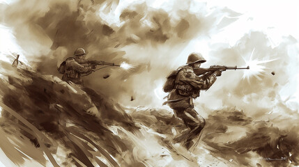 Soldado segurando um rifle na batalha - Ilustração esboço no fundo branco 