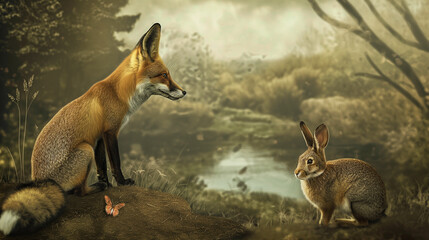 Raposa vermelha encarando um coelho