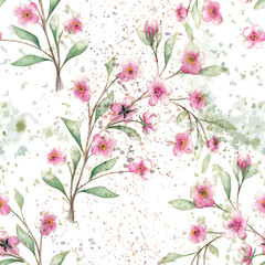 Botanical art seamless pattern with flowers and leaves. Modern creative design watercolor texture. Vector illustration.