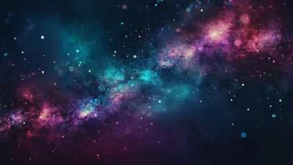 Fototapeta na wymiar Abstract blur bokeh banner background. Galaxy-inspired tones, midnight blue, cosmic purple, celestial teal, nebula pink, and stardust silver.