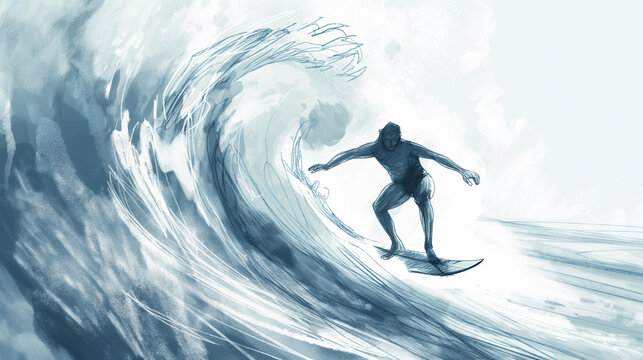 Homem surfando uma onda - Ilustração esboço no fundo branco