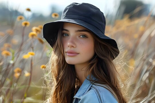Design Mockup: Girl Wearing a Simple Black Bucket Hat. Concept Fashion Design, Girl's Style, Streetwear, Accessories, Trendy Looks