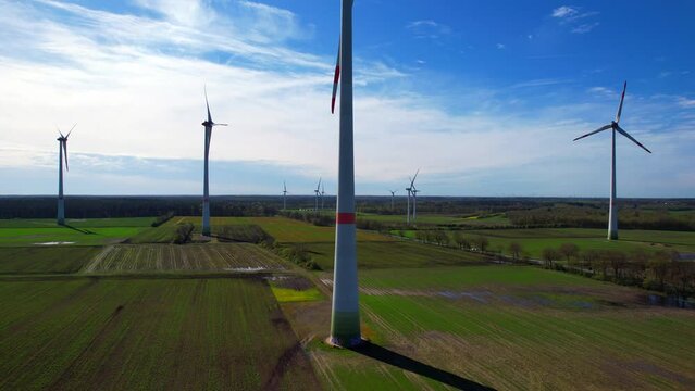 Driftsethe wind farm - Northern Germany - wind turbines - rising flight aerial view in the wind farm at a high altitude