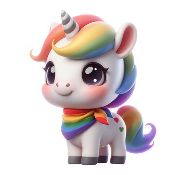 A cute unicorn with rainbow hair and a rainbow scarf around its neck Pride Day and Month, Rainbow ,3d render isolated transparent.