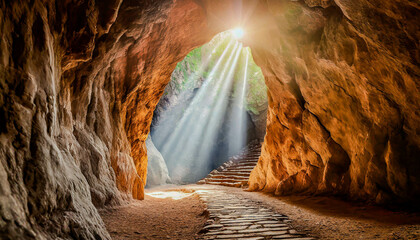 A mysterious cave with sunlight shining through. Tajemnicza jaskinia z przebijającymi się promieniami słońca.  - obrazy, fototapety, plakaty