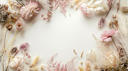 A delicate, elegant floral arrangement with space for text in the boho style. Delikatna, elegancka aranżacja kwiatowa z miejscem na tekst w stylu boho.