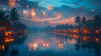 Vibrant fireworks lighting up the predawn sky on Vishu, reflecting over a tranquil river with traditional Kerala homes in the background. AI Generated - obrazy, fototapety, plakaty