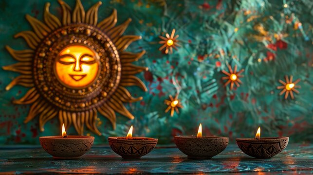 Artistic Composition With Lit Clay Diyas And A Golden Sun Face on Turquoise Textured Wall. Sinhalese New Year or Diwali Celebrations and Greeting Cards. AI Generated