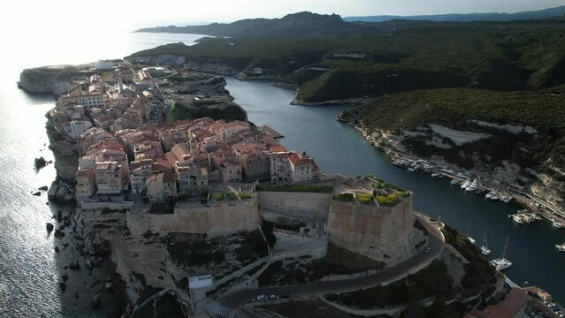 Bonifacio old town, Corsica, France. Aerial view. Mediterranean sea