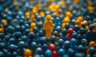 Conceptual image of a unique yellow person standing out in a sea of dark figures, representing brand differentiation and standing out from the competition - obrazy, fototapety, plakaty