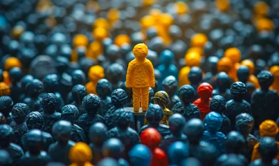 Möbelaufkleber Conceptual image of a unique yellow person standing out in a sea of dark figures, representing brand differentiation and standing out from the competition © Bartek