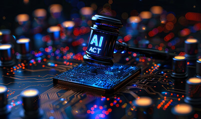 AI Act Regulation: Gavel on circuit board amid glowing orange lights, representing the intersection of artificial intelligence technology and legal regulation - obrazy, fototapety, plakaty