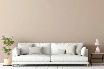 Experience the tranquility of a beige and Scandinavian sofa with a white blank empty frame for copy text, against a soft color wall background.