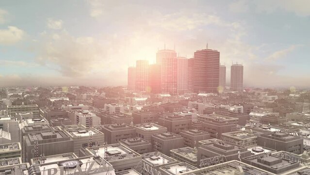 Developed Crowded City. Camera Flying Over. Sunny Day. City Related 3D Animations.