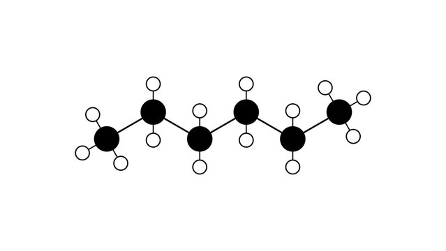 hexane molecule, structural chemical formula, ball-and-stick model, isolated image n-hexane