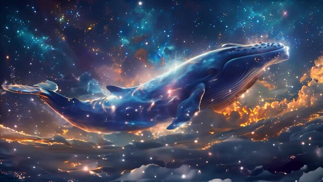 Galactic whale animation: Dreamy flight, surreal fantasy, dreams concept.