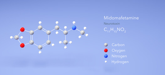 midomafetamine molecule, molecular structures, benzodioxoles, 3d model, Structural Chemical Formula and Atoms with Color Coding