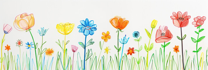 childs crayon drawing of flowers, scribble marks and pencil marks visible on white paper background - obrazy, fototapety, plakaty