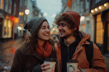 Close up of a couple is smiling and hugging each other on a sunny day, coffee cups in hand, in a...