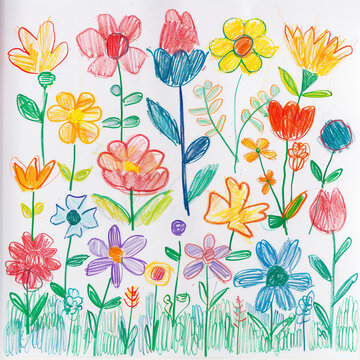 childs crayon drawing of flowers, scribble marks and pencil marks visible on white paper background