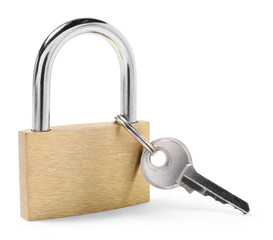 Steel padlock and key isolated on white